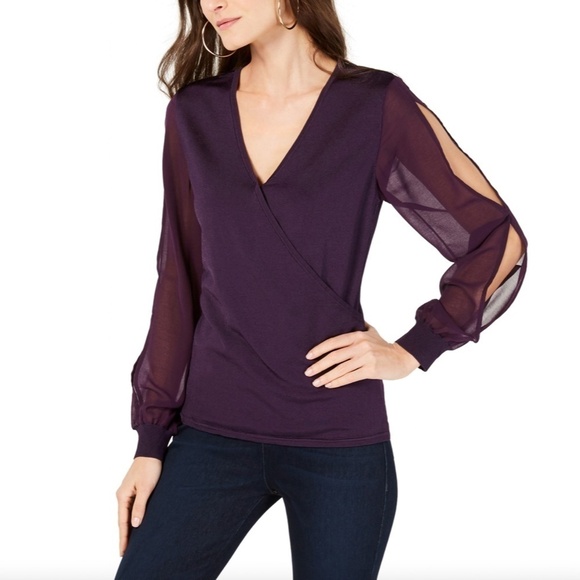 I.N.C Purple Sheer Cut Out Sleeves V-Neck Illusion Surplice Pullover Blouse (XS) - Picture 1 of 9